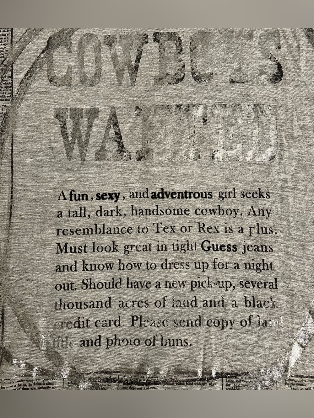 Guess Cowboys Wanted Newspaper Asymmetrical Sleeveless Tee Size XL - Picture 3 of 6